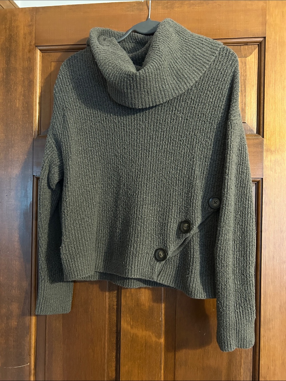 Cozy Cowl-Neck Button Accent Sweater - Olive